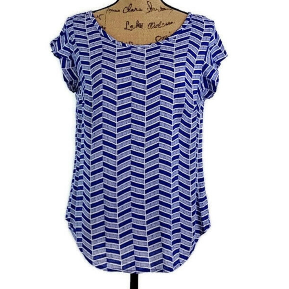 Stylus Herringbone Blue & White Short Sleeve Blouse Size Large